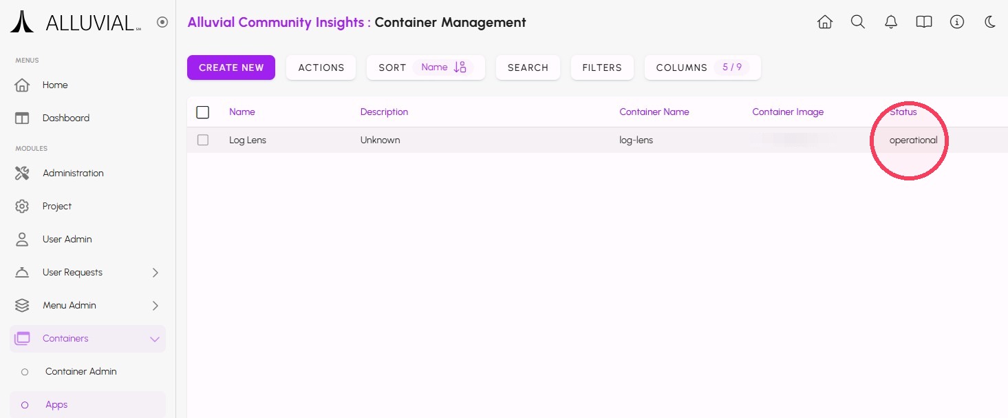 Containerized Apps Search Page Status Operational